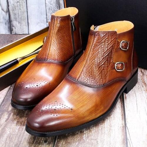 Size 6 To 13 Fashion Men Ankle Boots Genuine Leather Handmade Zip Double Buckles Dress Shoes Brogue Brown Black Mens Boots 2021