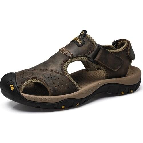 Mens Hiking PU Leather Sandals Summer Camping Fisherman Shoes Beach Flats Holes Waterproof 3Colors Plus Size