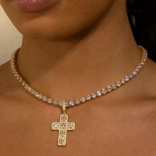 2021 Fashion New Iced Out Ankh Asscher Cross Pendant Necklace Mens Women HipHop Bling 5A CZ Paved Tennis Chain Box Chain Jewelry