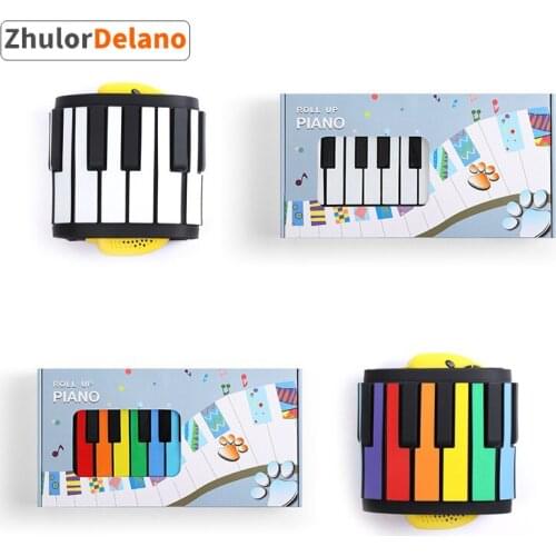 Portable Rollable Electric Piano 49 Keys Intelligent Hand-roll For Children Beginner Rainbow Black-white Color