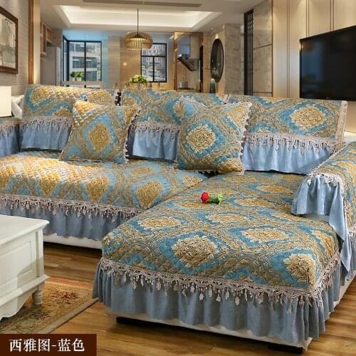 European Luxury Jacquard Sofa Sets Blue Chenille Sofa Cover Plush Soft Sofa Towel Slipcover Cushion Backrest Combination Kit C3
