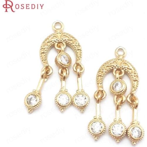 40115)10PCS 24K Champagne Gold Color Brass and Zircon Retro Earrings Connect Charms Pendants Jewelry Making Supplies Findings