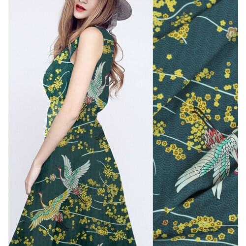 130CM Wide 35MM Swan Yellow Floral Print Blue Silk Linen Fabric for Summer Spring Jacket Dress Shirt Clothes J083