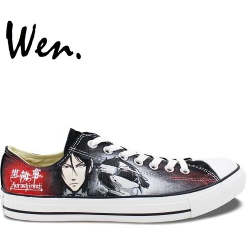 Wen Design Custom Anime Hand Painted Shoes Black Butler Low Top Lace up Canvas Sneakers Boys Girls Cosplay Shoes Plimsolls