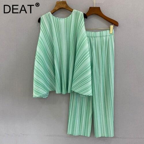 DEAT Woman Pleated Suit Gradient Sleeveless Round Color T Shirt + Elastic Nine Length Wide Leg Pants Casual 2021 Autumn 15XM344