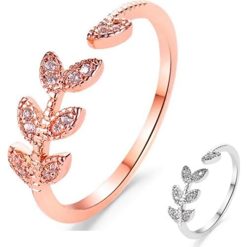 Fashion Leaf Shape Crystal Ring for Women Simple Design Zircon Inlay Ring Female Party Open Ring Valentines Day Jewelry Gift