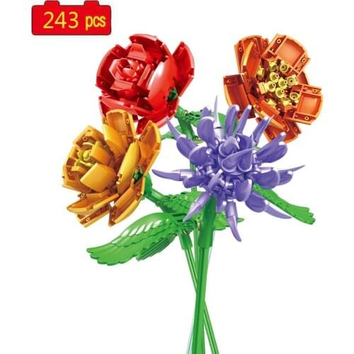 2021Creative Plant Series Rose Camellia Chrysanthemum Bonsai Girl Gift Collection MOC Model Building Blocks Bricks Toys
