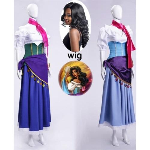 5PCS The Hunchback of Notre Dame Esmeralda Cosplay Costume Purple Blue Partywomen girl Dress Halloween Cosplay Costume and wig