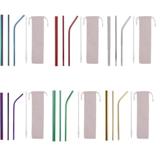 5Pcs Bubble Tea 304 Stainless Steel Straw Reusable Drinking Straws Set Curved Metal Straws Bag For Smoothies Juice Tea