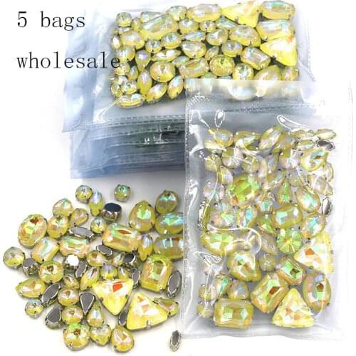 Clothing Accessories Wholesale 5 Bags Mixed Shape Glass Crystal Sliver Base Yellow AB Mocha Sew on Rhinestones Diy Wedding Dress