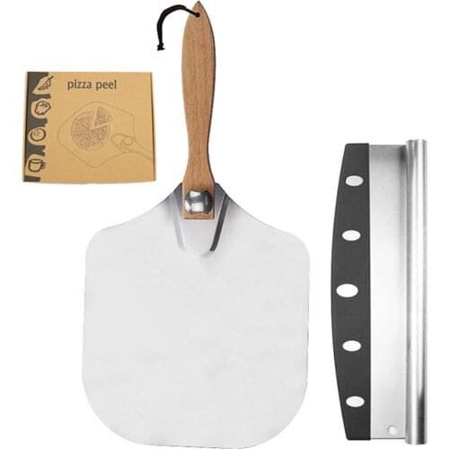 Aluminum Pizza Peel 14/12 Inch Foldable Wood Handle + Tilt Cutter Pizza Spatula for Baking Pizza Peel Paddle Shovel Kitchen Tool