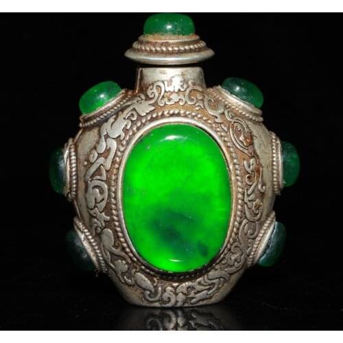 Antique Old QingDynasty carving siver&gree Emerald snuff bottle, hand crafts,best collection&adornment,free shipping
