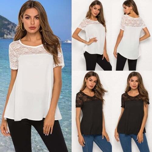 Blouse Women Shirts Summer Casual Short Sleeve Lace Patchwork Tops Shirt Tunique Femme Women Blouses