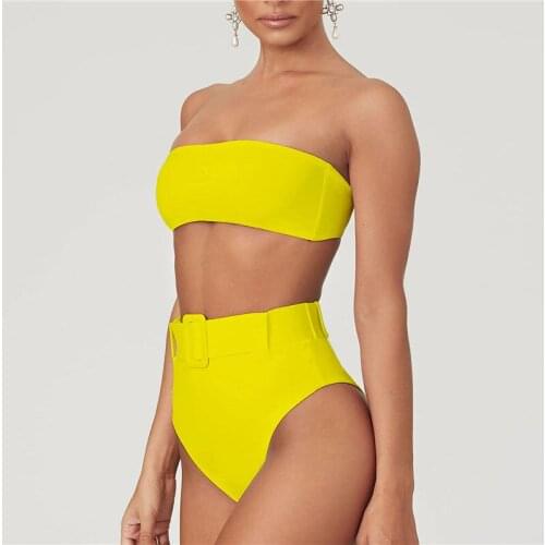 Women Bikini Sets Solid Color High Waist Bandeau Swimsuit Swimwear Push Up Padded Bra Buckle Bottoms Beachwear Bathing Suit