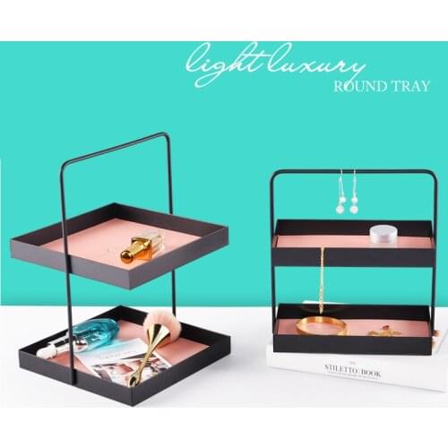 Double layer leather cushion metal storage tray 2 layer storage tray cake stand black