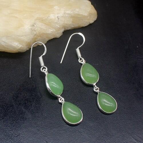 Gemstonefactory Big Promotion 925 Silver Attractive Fashion Green Agate Women Ladies Gifts Dangle Drop Earrings 20212112