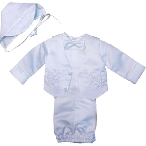 Toddler Boys White Baptism Clothes Suit Boy Bow Tie Dove Christening Gown Costume 1st Birthday Gentleman Clothing for Baby Bebe