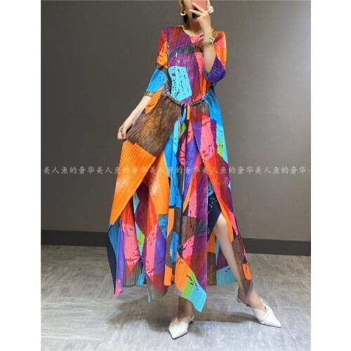 HOT SELLING Miyake fashion fold half sleeve dress Retro print tirregular dress IN STOCK