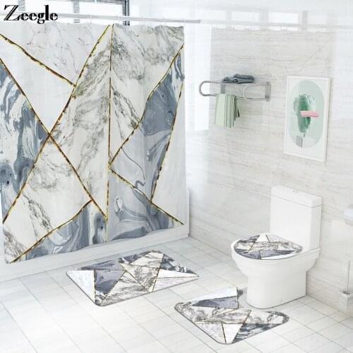 Marble Printed Bath Mat Set Polyester Waterproof and Mildewproof Shower Curtain Set Anti-slip Bathroom Carpet Toilet Foot Pad