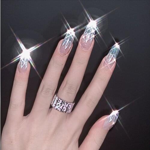 Laser sliver flame pattern false nails 24pcs with glue American punk style lady full nail tips cute fake nails