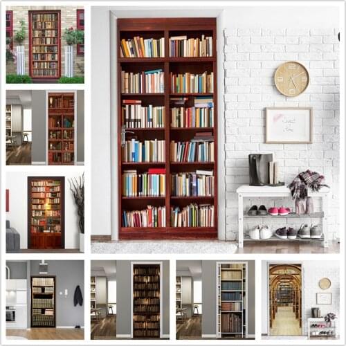 2pcs/set Library Shelf Door Sticker DIY PVC Adhesive Wallpaper Waterproof Poster Wall Doors Decals Wall Mural Home Decoration