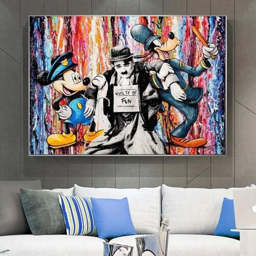 Cute Mickey Mouse and Chaplin Wall Street Graffiti Art Disney Canvas Painting Poster Mural Interior Decoration Painting Cuadros