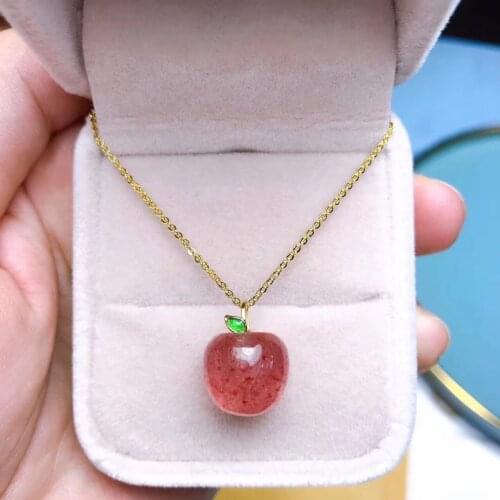 Natural Strawberry Crystal Carved Apple Necklace Pendant Charm Crystal Gem Pendant Accessories For DIY jewelry making