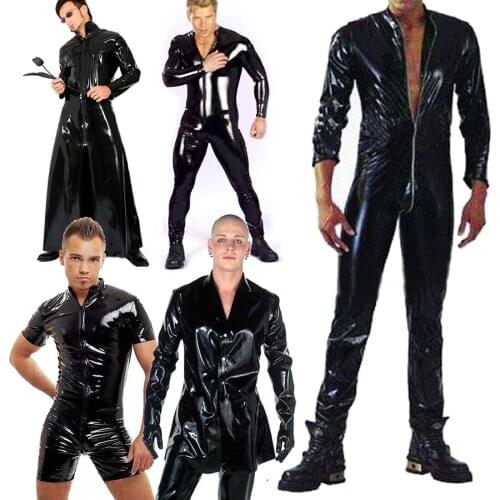 Sexy Gay Men Wet Look PVC Bodysuit Faux Leather Front Zipper Jumpsuit SM Costume Lingerie Night Club Pole Dancing Wear Clearance