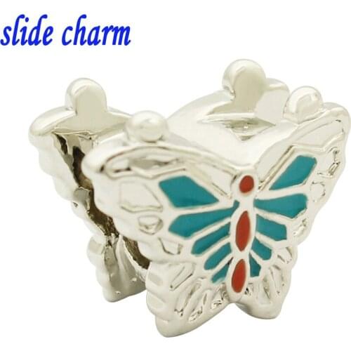 Slide charm Free shipping Valentines Day gift for children and beautiful butterfly charm beads fit Pandora charm bracelets