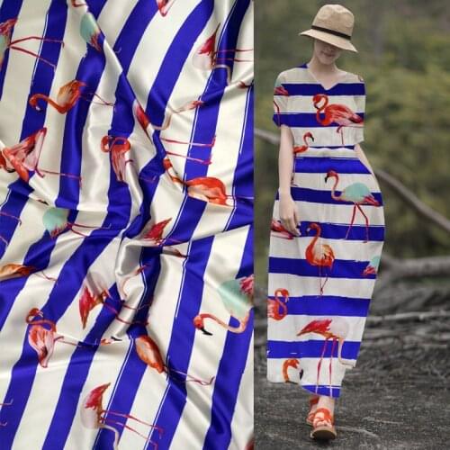 Blue stripe Flamingo Digital painting silk fabric Brand Silk Stretch Satin Fabric 22MM 97% Mulberry Silks Hot Sale Cheongsam