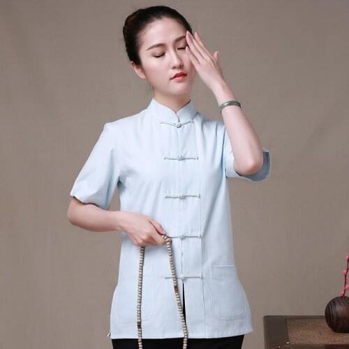 Light Blue tunic 100% Cotton Chinese Traditional Women Kung Fu Blouses Tang Suit Shirts Tops Camisa blusa tops Plus Size