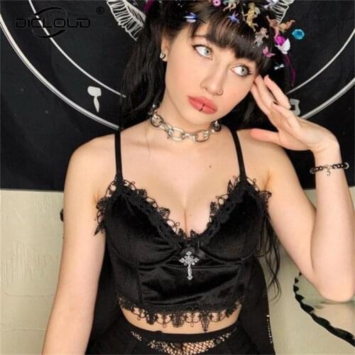 Harajuku Hot Girls Velvet Bralette Top Women Summer 2021 Gothic Punk Fashion Black Crop Top Cute Sweet Sexy Lace Bustier Femme