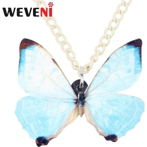 WEVENI Acrylic Light Blue Butterfly Necklace Pendant Long Chain Collar Hot Trendy Insect Jewelry For Women Girls Wholesale