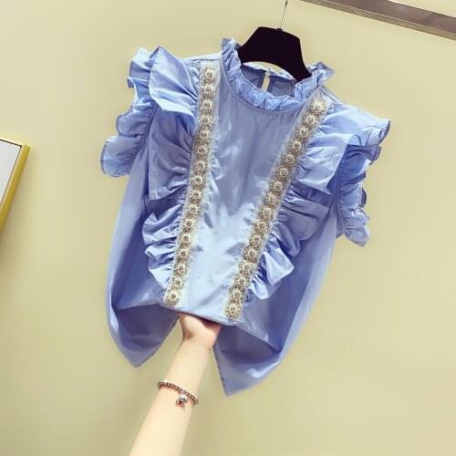 Super Fire Short Sleeve White Shirt Female Sweet Flounces Beads Studded Chiffon Jacket Blouse Summer Autumn Ladies Tops Blouses