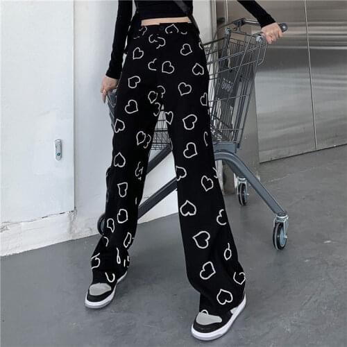 Heart-shaped print punk wide-leg pants women Korean chic high waist streetwear hip-hop straight leg pants Gothic Harajuku pants