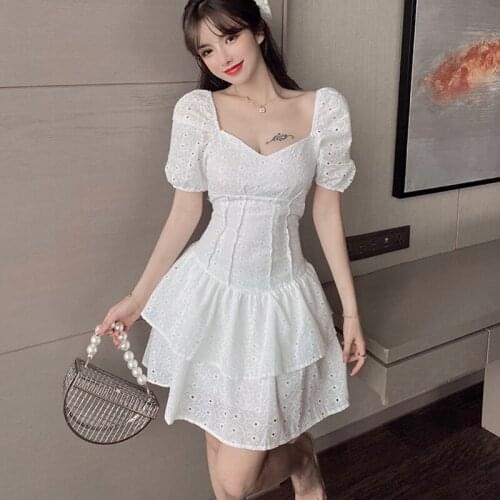 White Hollow Out Embroidery Dress Women 2021 Summer Ruffle Vintage Beach Dress Famale Puff Sleeve Vestidos