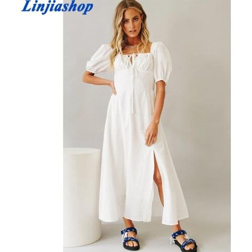 Women Summer Dress Casual Cotton White Long Vestido Vintage Square Collar Bandage Dress Fashion Short Sleeve