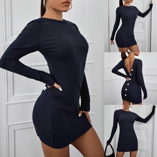 Womens Sexy Off-Shoulder Open Back Button Club Tight Mini Dress