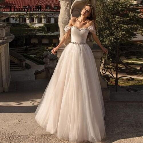 Thinyfull Elegant A Line Off Shoulder Long Wedding Dresses Sleeveless Sliver Appliques Bridal Gowns Princess Country Bride Dress