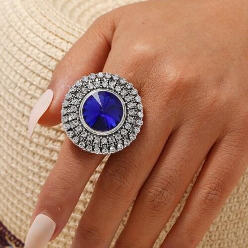 Bohemian Blue Red Green Crystal Rings for Women Vintage Silver Color Metal Midi Finger Rings Adjustable Wedding Party Jewelry