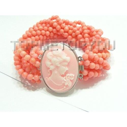 Free shipping >>>>>>Stunning 10strands round pink coral necklace Cameo clasp E805