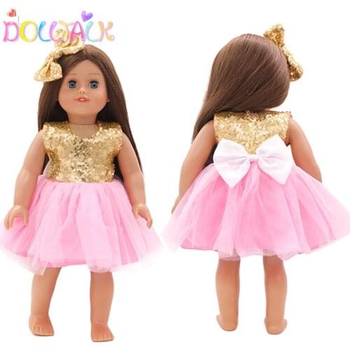 Gold Color Sequin Bow Doll Skirt With Hairpin Fit 43cm New Baby Dolls Pink Gauze Dress Clothes Set For 18 Inches And DIY Dolls