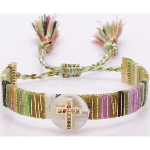 Bohemia boho ethnic silk ban gold religious cross Virgin Mary statue cz shell bead charm bracelet unisex hand wrist jewelry