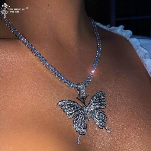 Big Butterfly Pendant Sliver Necklace Rhinestone Chain for Women Bling Tennis Chain Crystal Choker Necklace Jewelry party Gift