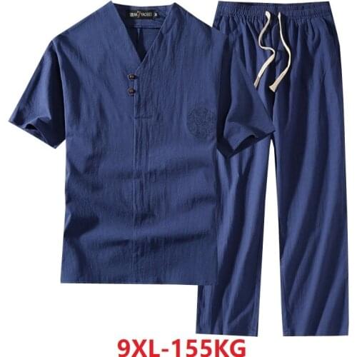 High quality Summer large size 7XL 8XL 9XL loose Short Sleeve T-shirt and pants for Men oversize linen Tees vintage v-neck khaki