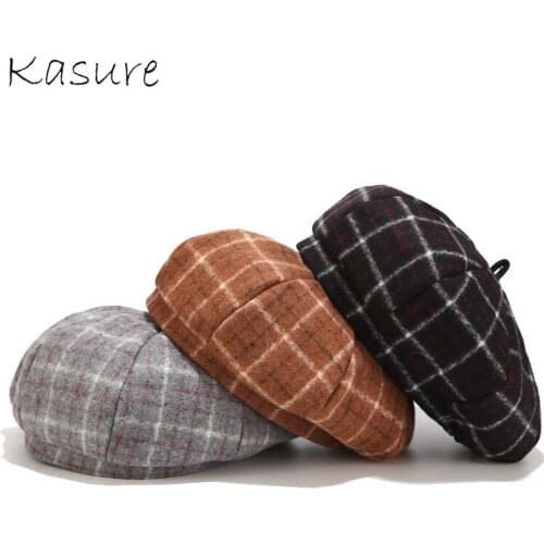 KASURE Fashion Winter Warm Wool Berets for Women Plaid Print Cashmere Warm Elegant Beret Girls Flat Hats Painter Caps