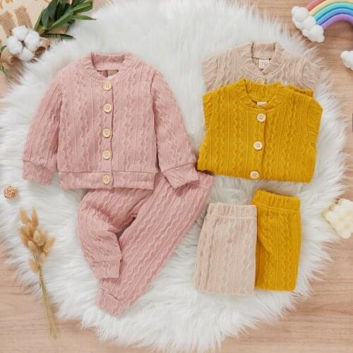 2Pcs Newborn Baby Girls Clothes Sets Solid Color Ribbed Knit Casual Outfit Infant Long Sleeve Sweater Tops Pant Toddler Knitwear
