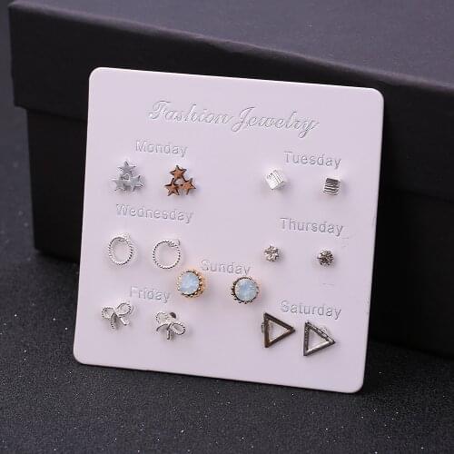 Htzzy New Fashion Stud Earrings for Women Personality Jewelry Geometric Daily Monday To Sunday A Week Earrings 7 Pairs Set