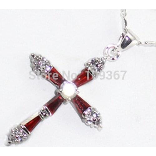 Beautiful red zircon Cross pendants Necklace Wholesale necklaces gift CZ Hook Jewelry shipping freeLuxury Girls Wedding