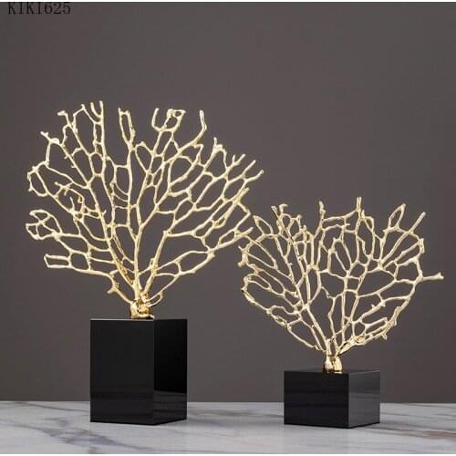 Creative Golden Metal Coral Ornaments Black Crystal Base Alloy Branches Crafts Hollow Coral Living Room Countertop Decoration